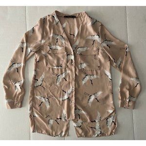 Zara Womens S Button Front Shirt Pink Crane Print Back Tulip Hem V Neck Pockets